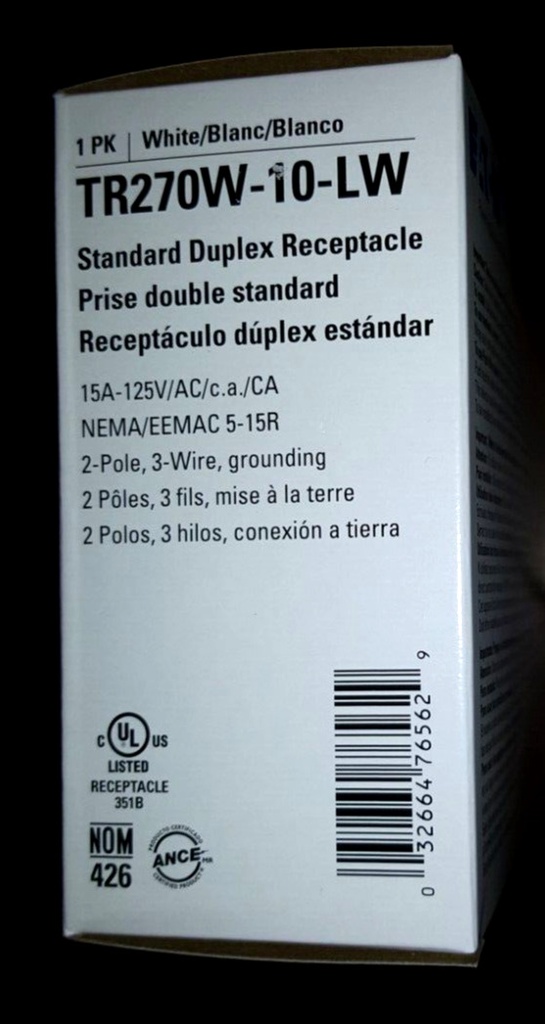 Eaton 10pk Standard 15A Tamper Resistant Duplex Receptacles -White- TR270W-10-LW