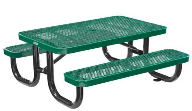 Picnic Table, Black Rails, Green Bench