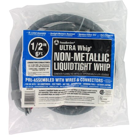 Southwire - ULTRATITE- 1/2in x 6ft Liquid Tight Flexible Non-Metallic PVC Conduit Whip - 10-Gauge 3-Conductor