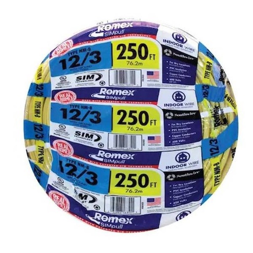 [LS-12333] Southwire 250-ft 12/3 Romex SIM pull Solid Indoor CU NM-B W/G Individual Pack (By-the-roll)